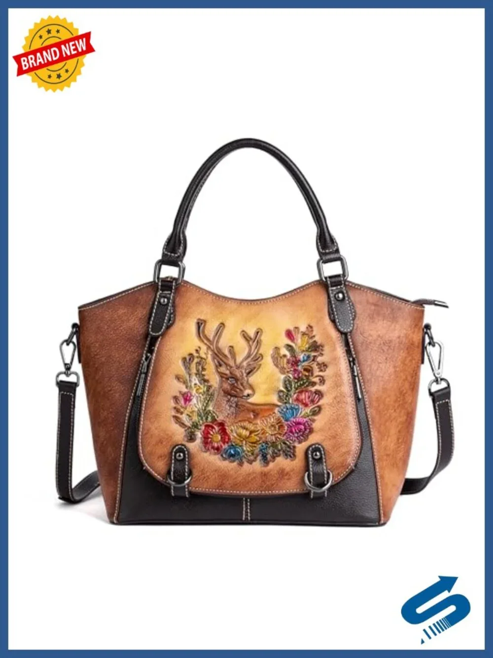 Vintage Genuine Cowhide Leather Satchel Handbag – Hand-Embossed Floral Deer Top